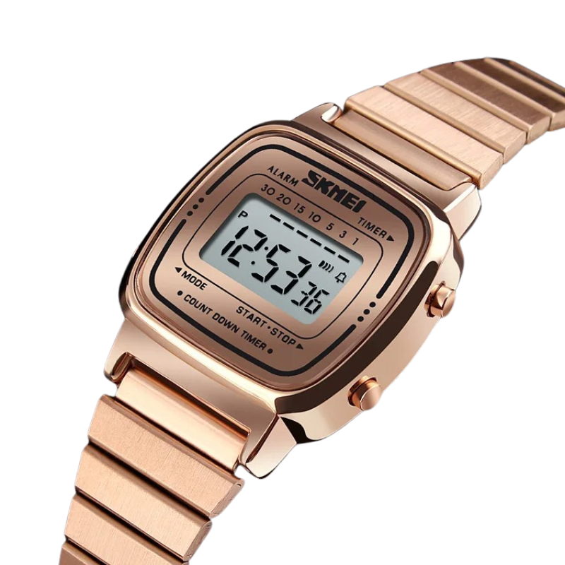 Montre Digitale Femme Design Or Rose et Lecture Instantanée sur fond transparent