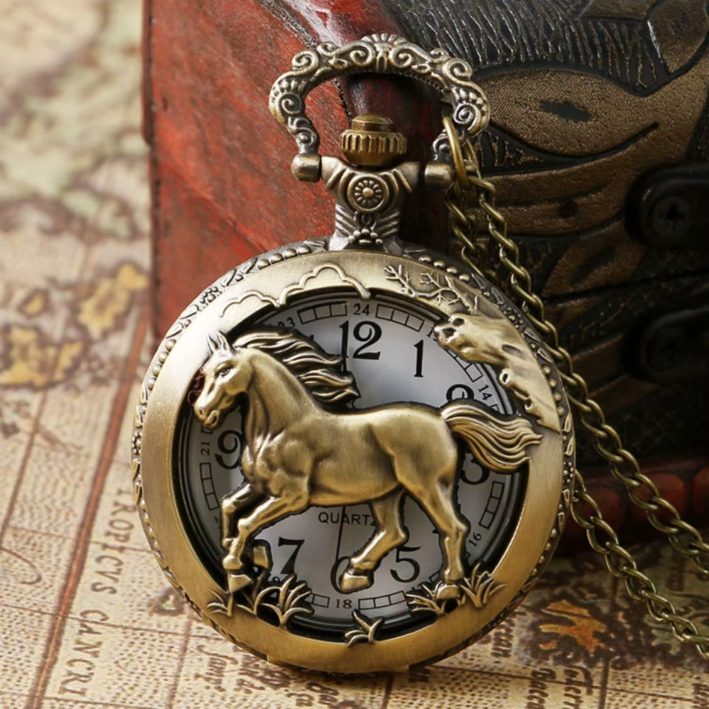 Montre à gousset Homme Quartz Gravée Cheval Antique