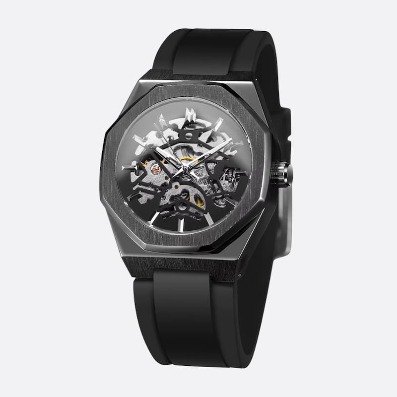 Montre mécanique squelette homme octogonale en acier inoxydable