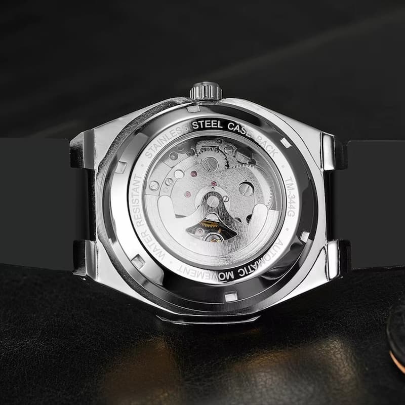 Montre mécanique squelette homme octogonale en acier inoxydable