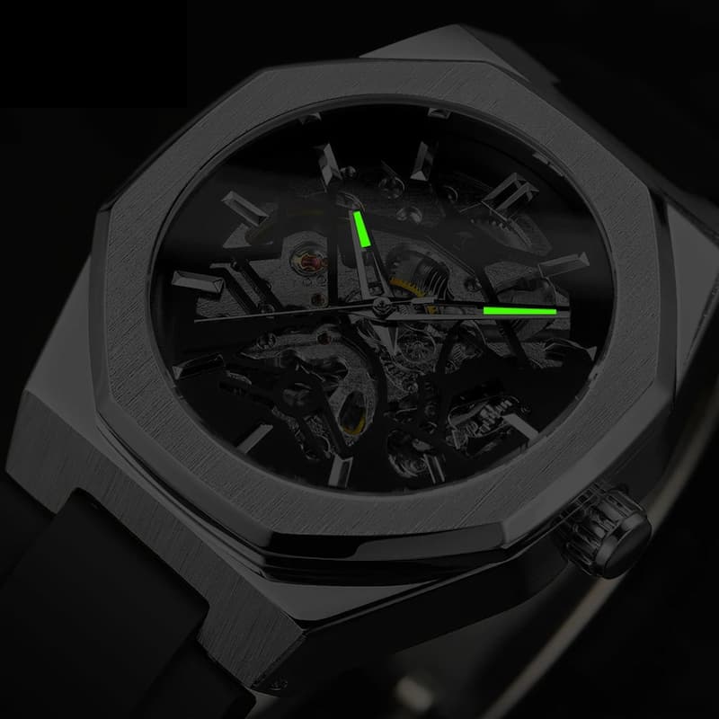 Montre mécanique squelette homme octogonale en acier inoxydable