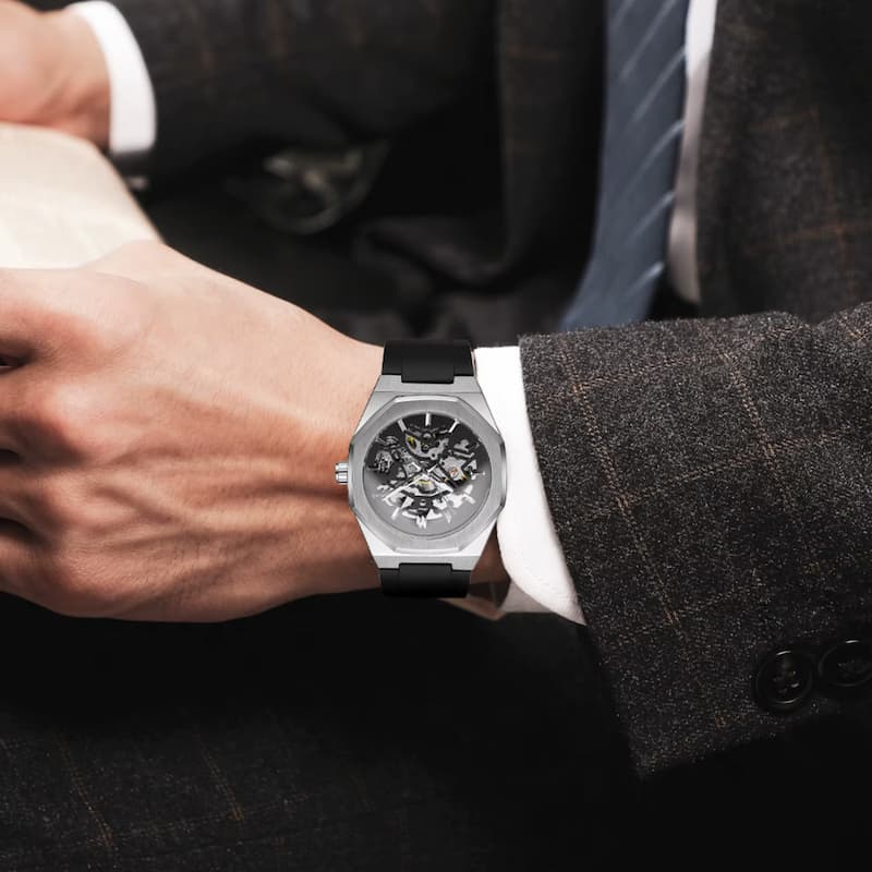 Montre mécanique squelette homme octogonale en acier inoxydable