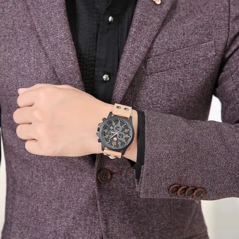 Montre militaire Homme Quartz avec Bracelet Cuir