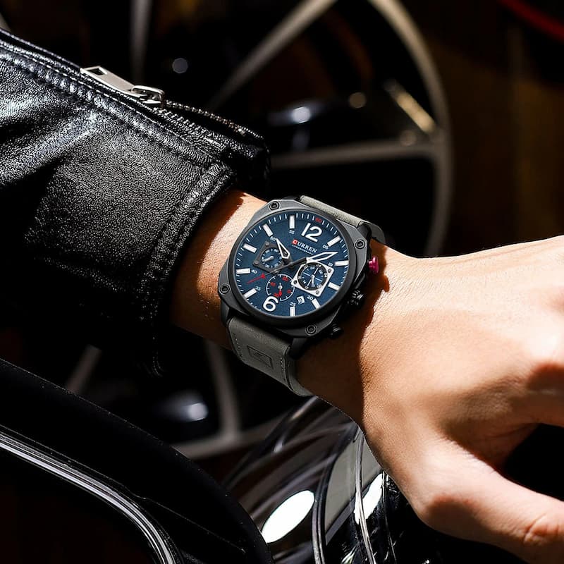 Montre militaire chronographe homme 44 mm cadran bleu, bracelet cuir