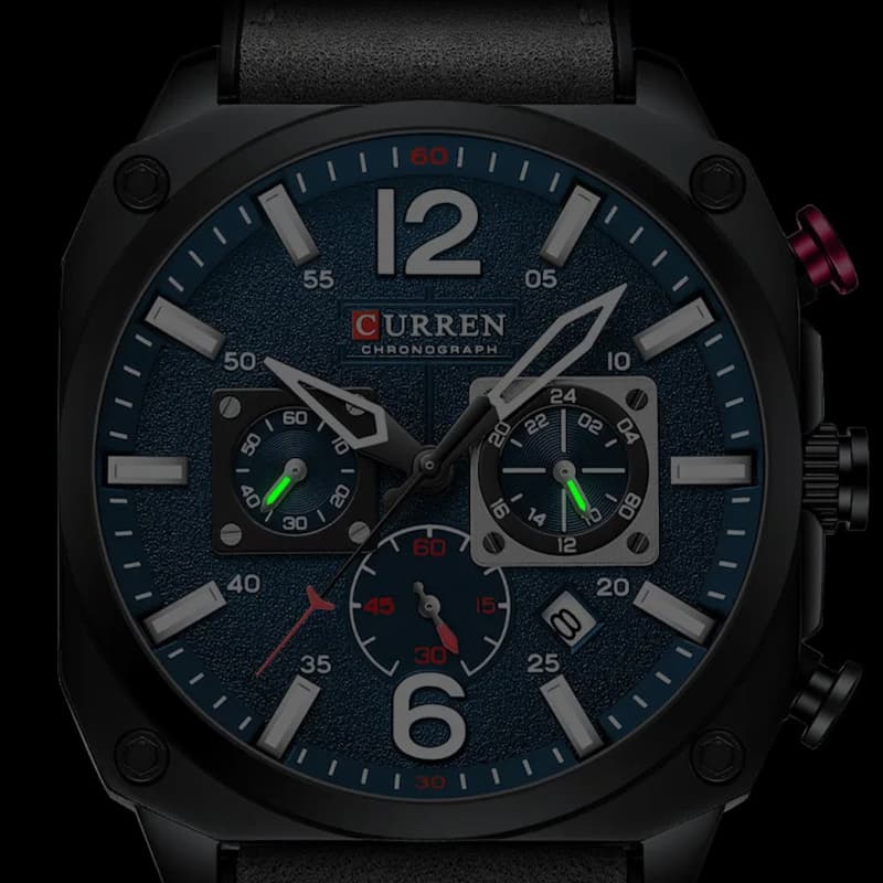 Montre militaire chronographe homme 44 mm cadran bleu, bracelet cuir