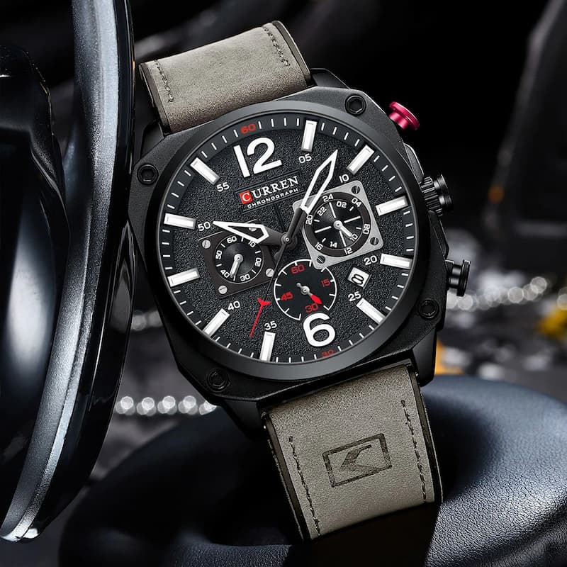 Montre militaire chronographe homme 44 mm cadran bleu, bracelet cuir