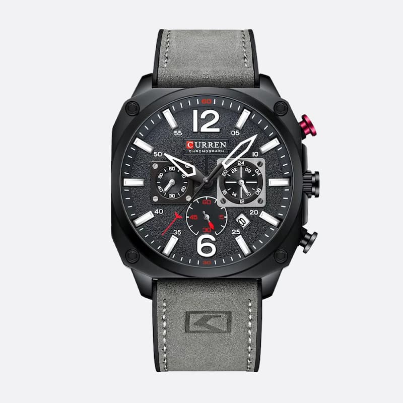 Montre militaire chronographe homme 44 mm cadran bleu, bracelet cuir