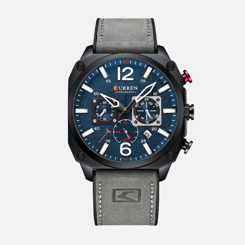 Montre militaire chronographe homme 44 mm cadran bleu, bracelet cuir
