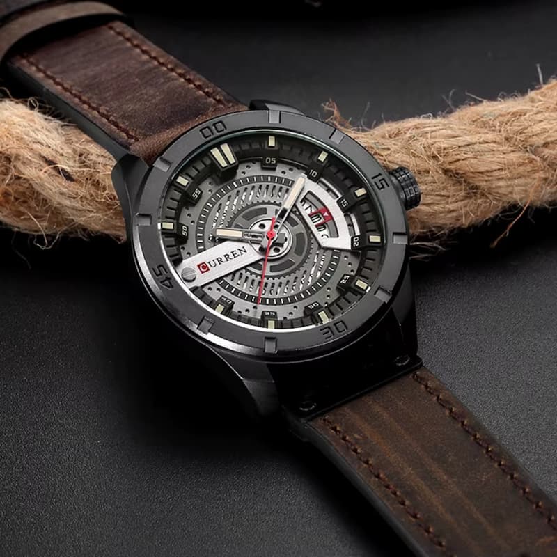 Montre militaire homme quartz étanche 45 mm avec bracelet cuir