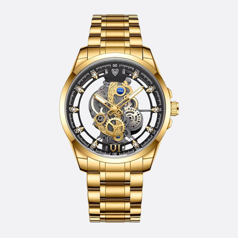 Montre squelette homme en acier doré, Quartz lumineux