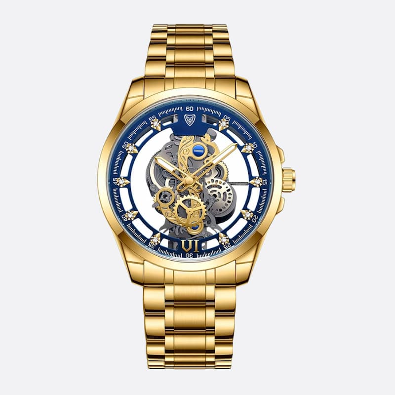 Montre squelette homme en acier doré, Quartz lumineux