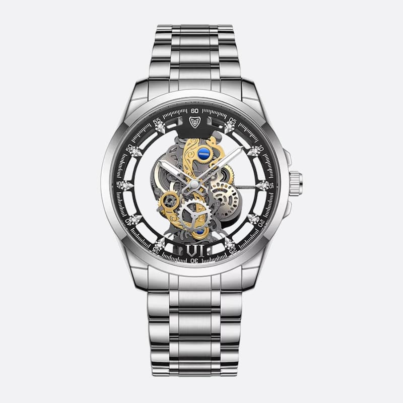 Montre squelette homme en acier doré, Quartz lumineux