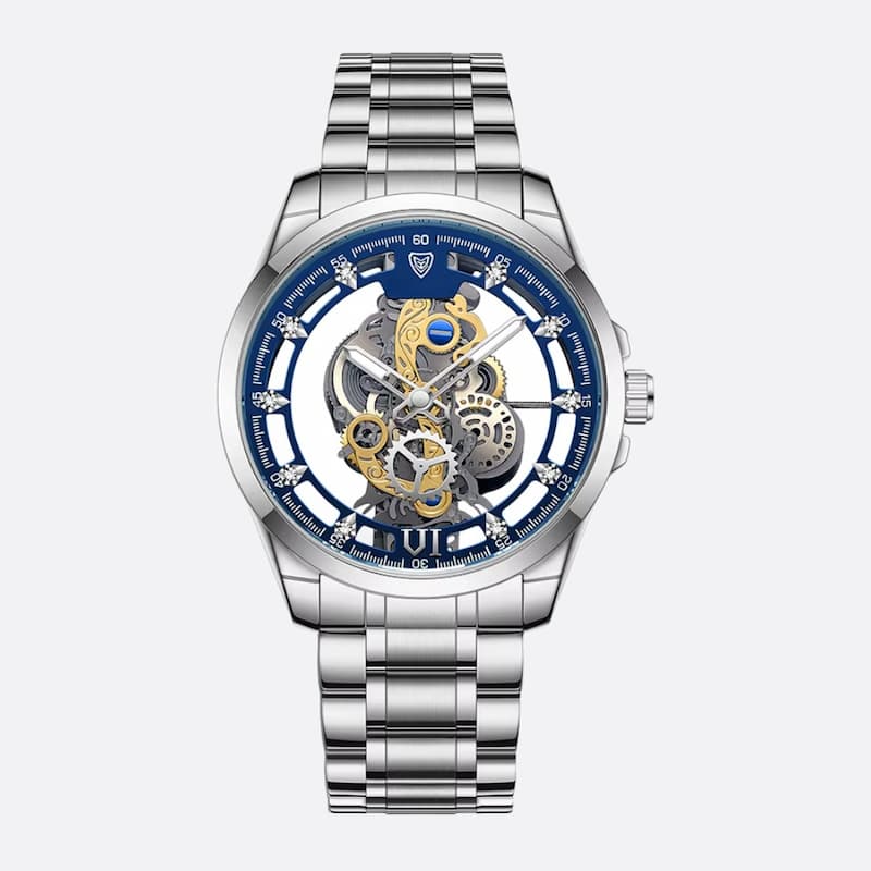 Montre squelette homme en acier doré, Quartz lumineux