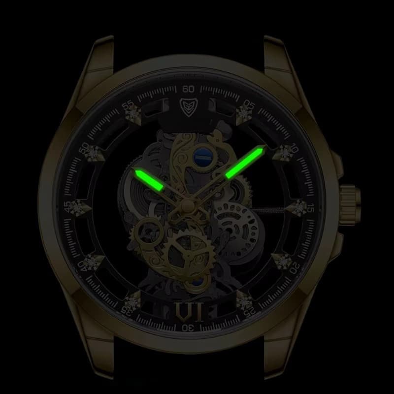 Montre squelette homme en acier doré, Quartz lumineux