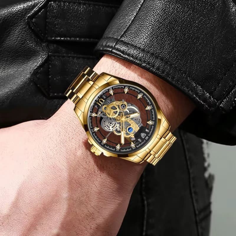 Montre squelette homme en acier doré, Quartz lumineux