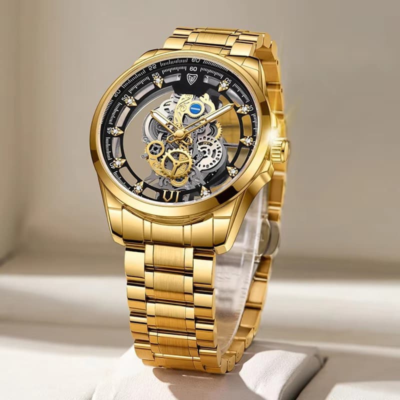 Montre squelette homme en acier doré, Quartz lumineux