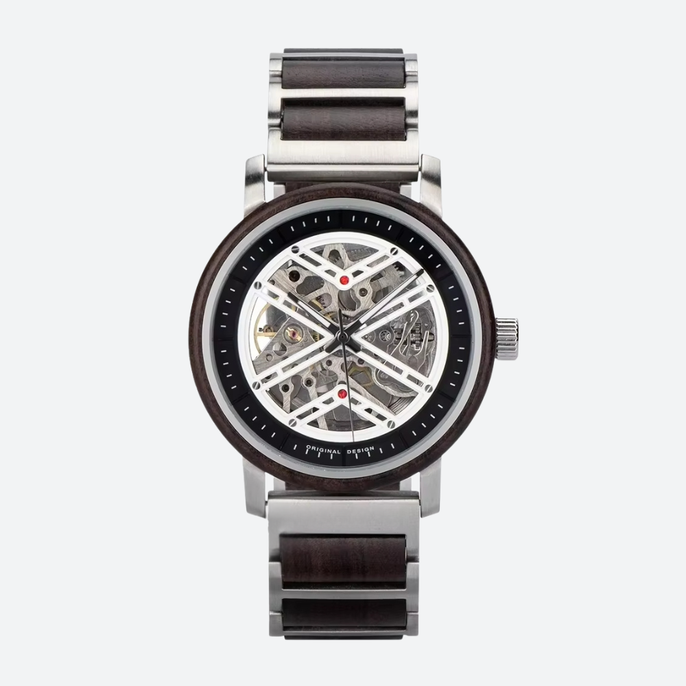 Montre Squelette Homme Acier et Bois, Mouvement Mécanique