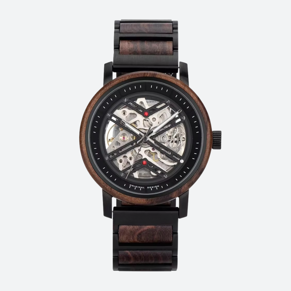 Montre Squelette Homme Acier et Bois, Mouvement Mécanique
