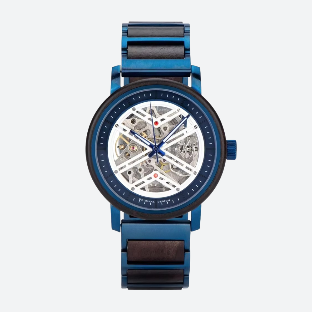 Montre Squelette Homme Acier et Bois, Mouvement Mécanique