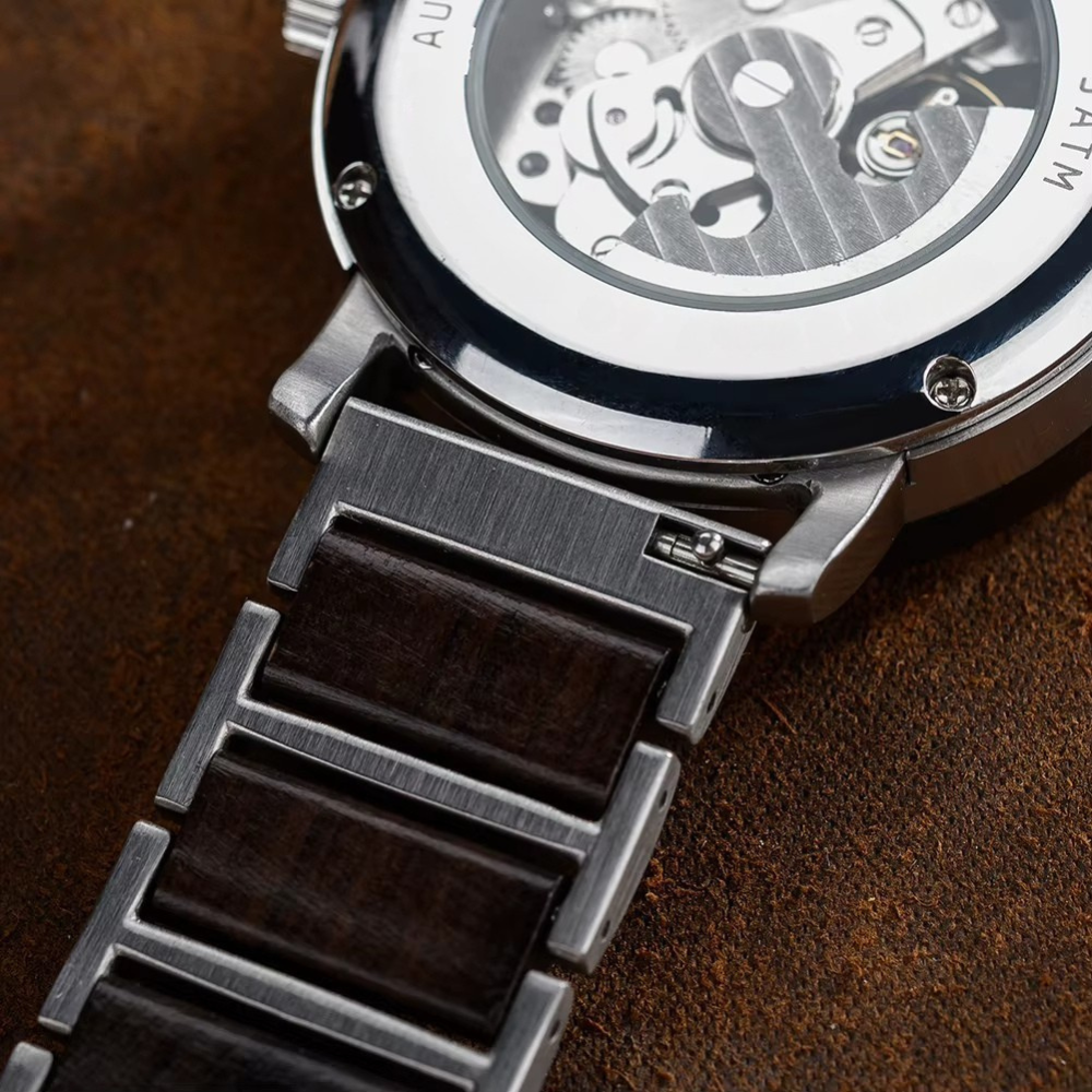 Montre Squelette Homme Acier et Bois, Mouvement Mécanique