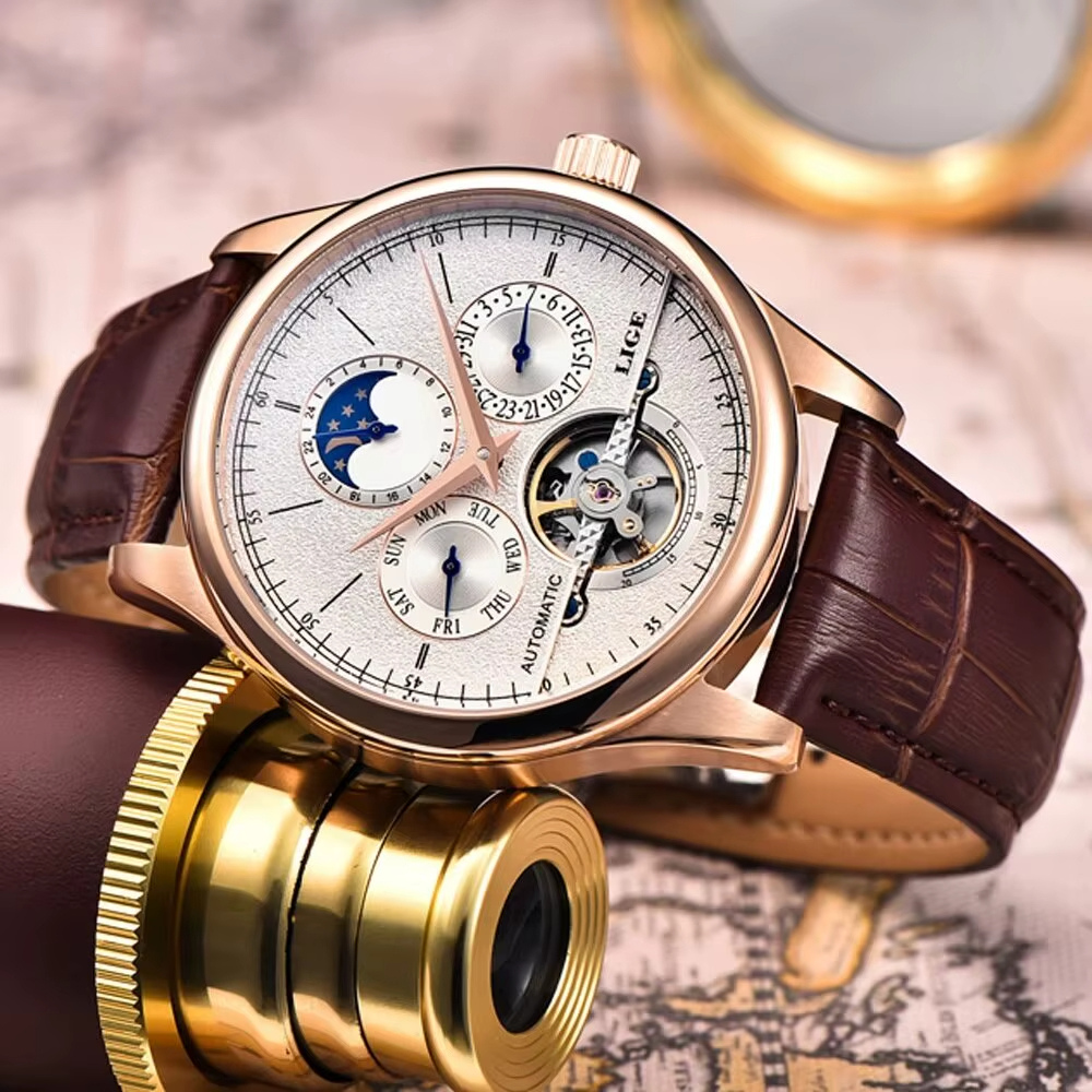 Montre Homme Automatique avec Phase de Lune et Tourbillon