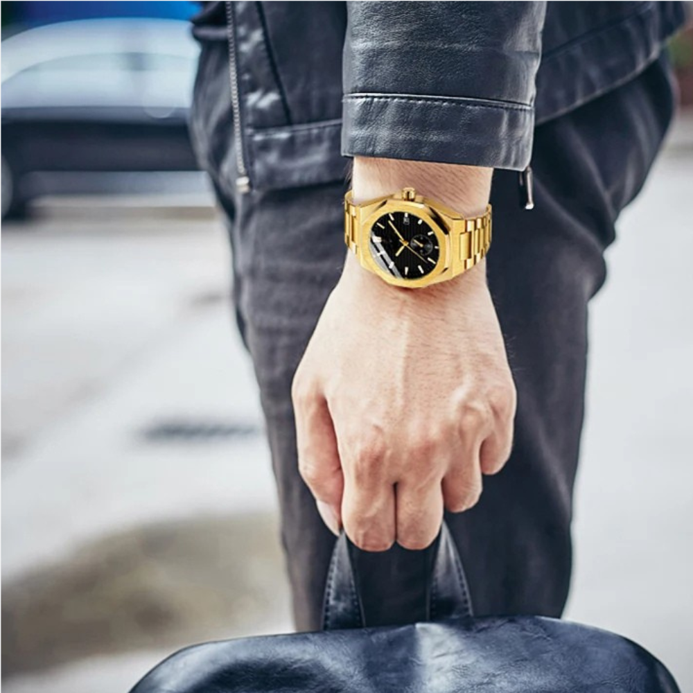Montre Automatique Homme Dorée, Design Octogonal