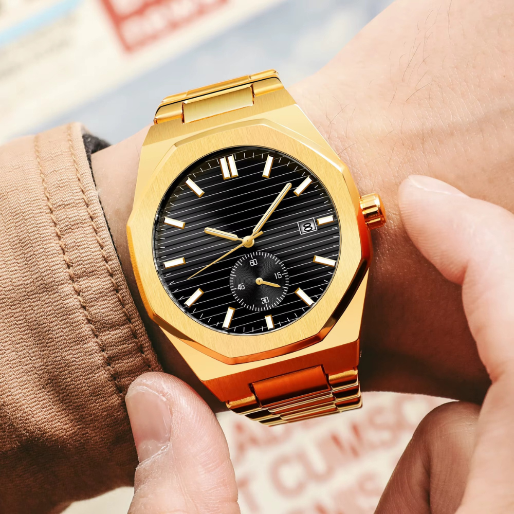 Montre Automatique Homme Dorée, Design Octogonal