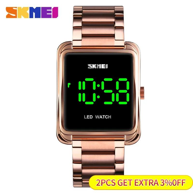 Montre digitale LED carrée bracelet métal doré