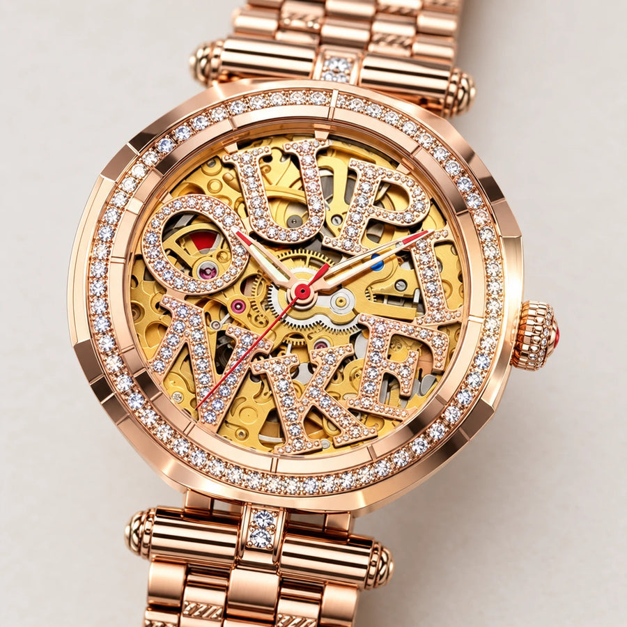 Montre automatique femme squelette or rose sertie - Détail matière