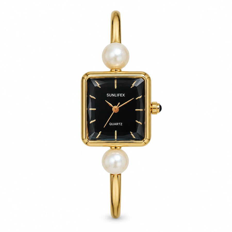 Montre Bracelet Perle Femme Dorée avec Cadran Rectangulaire - Gold black