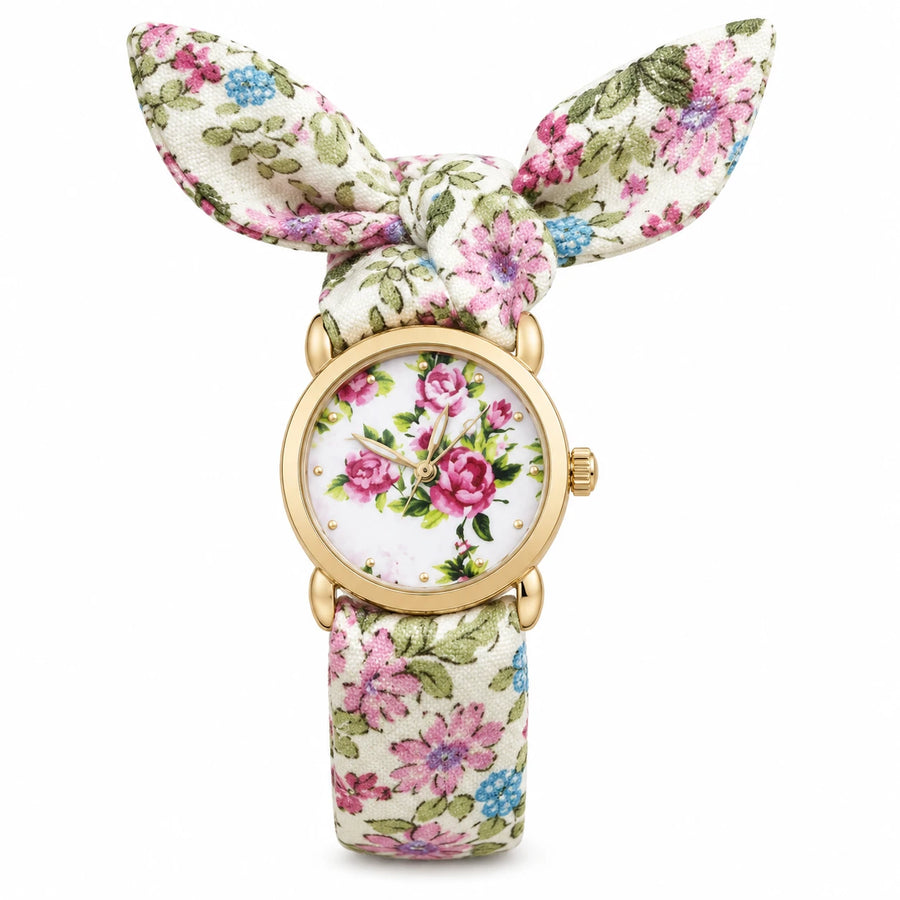 Montre Bracelet Tissu Fleuri avec Nœud - Modèle 02