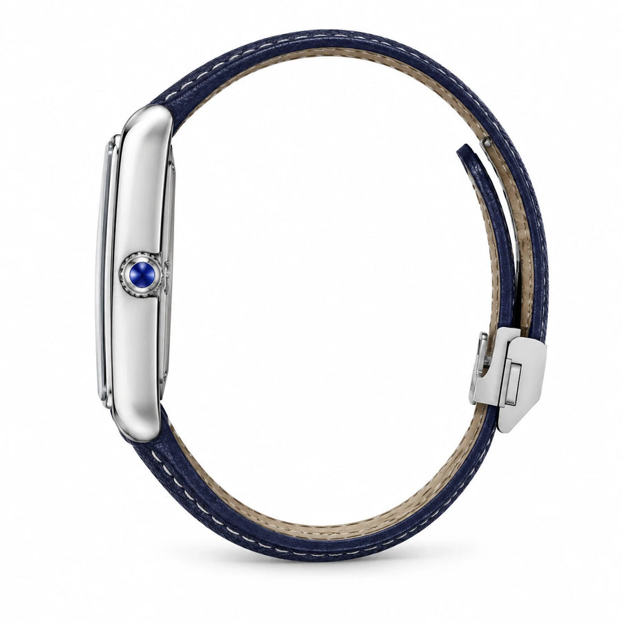 Montre Femme Rectangulaire Bracelet Cuir Bleu Marine - Photo côté