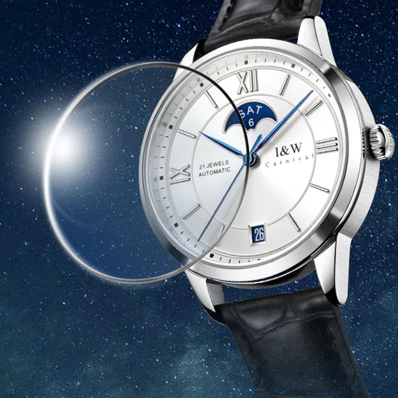 Montre automatique femme cadran argenté et bracelet cuir noir