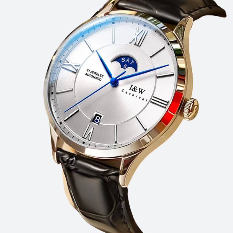Montre automatique femme cadran argenté et bracelet cuir noir