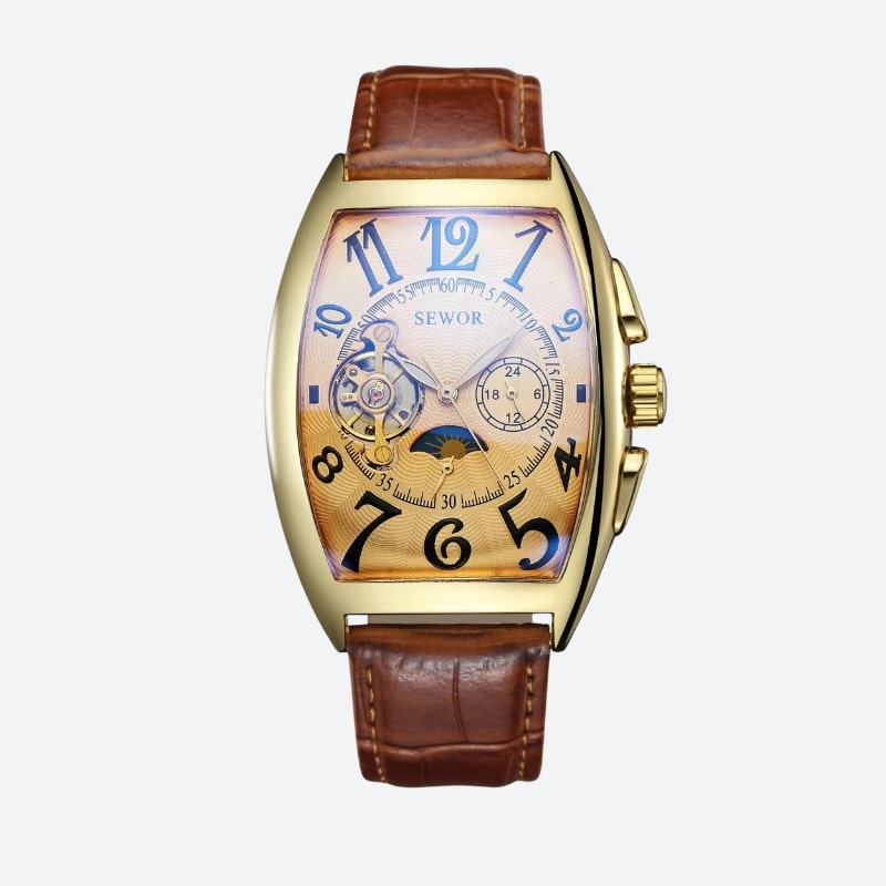 Montre Automatique Femme Cadran Squelette & Phase Lunaire sur fond gris avec cadran doré