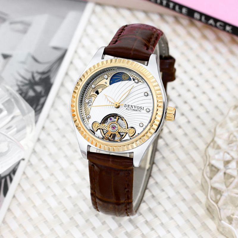 Montre automatique squelette femme bracelet cuir marron