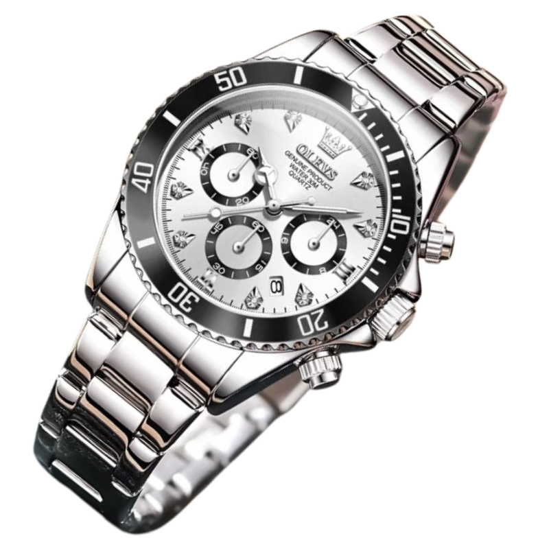 Montre Chronographe Femme Argentée Lunette Noire 35 mm sur fond transparent