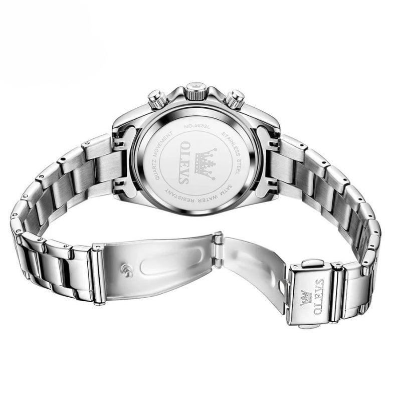 Montre chronographe femme cadran bleu glacier et acier miroir vue de derrière