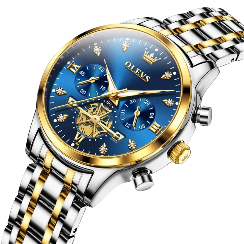 Montre Chronographe Femme Cadran Bleu Toi & Bracelet Bicolore sur fond transparent