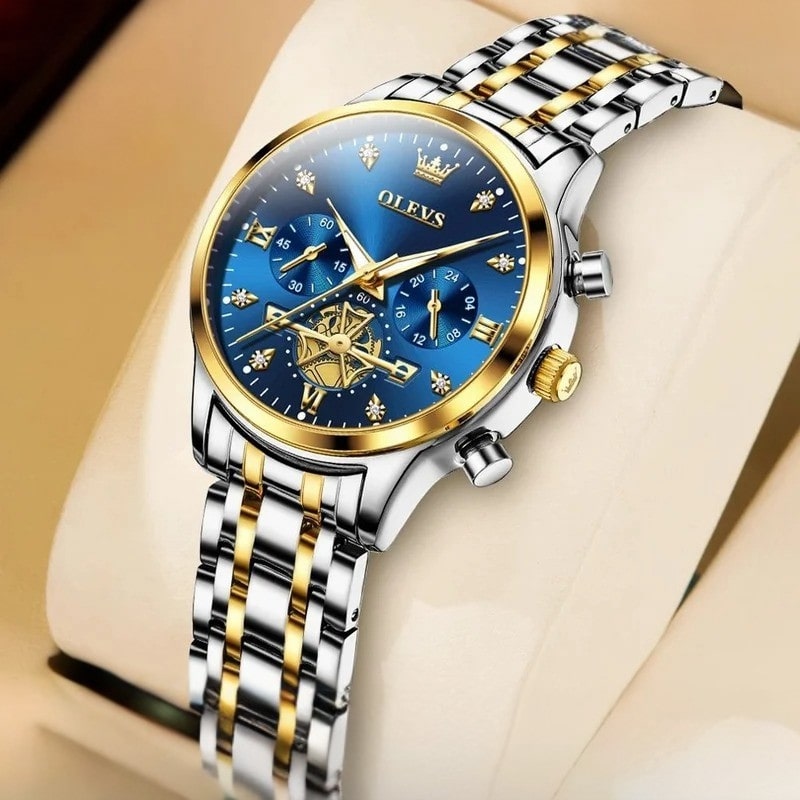 Montre Chronographe Femme Cadran Bleu Toi & Bracelet Bicolore dans son boitier