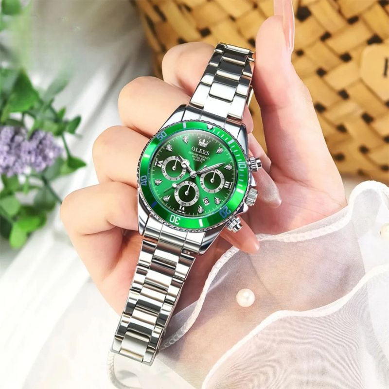 Montre Chronographe Femme Cadran Vert Impérial & Acier Miroir