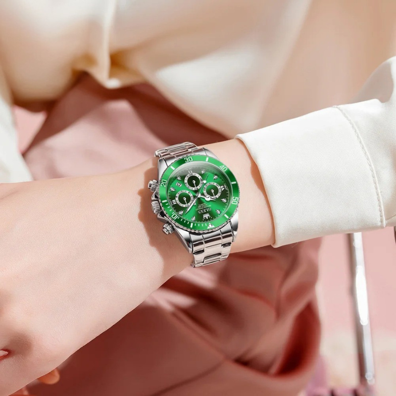 Montre Chronographe Femme Cadran Vert Impérial & Acier Miroir