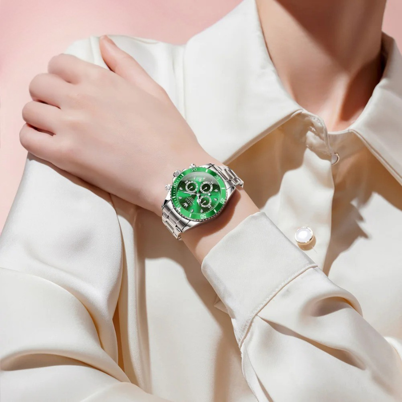 Montre Chronographe Femme Cadran Vert Impérial & Acier Miroir