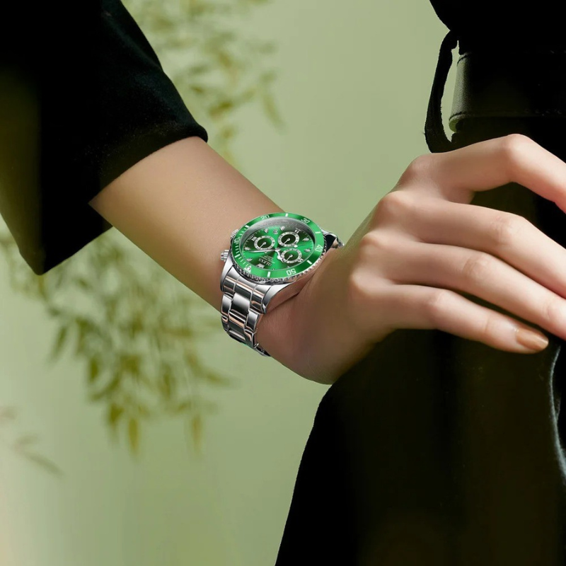 Montre Chronographe Femme Cadran Vert Impérial & Acier Miroir
