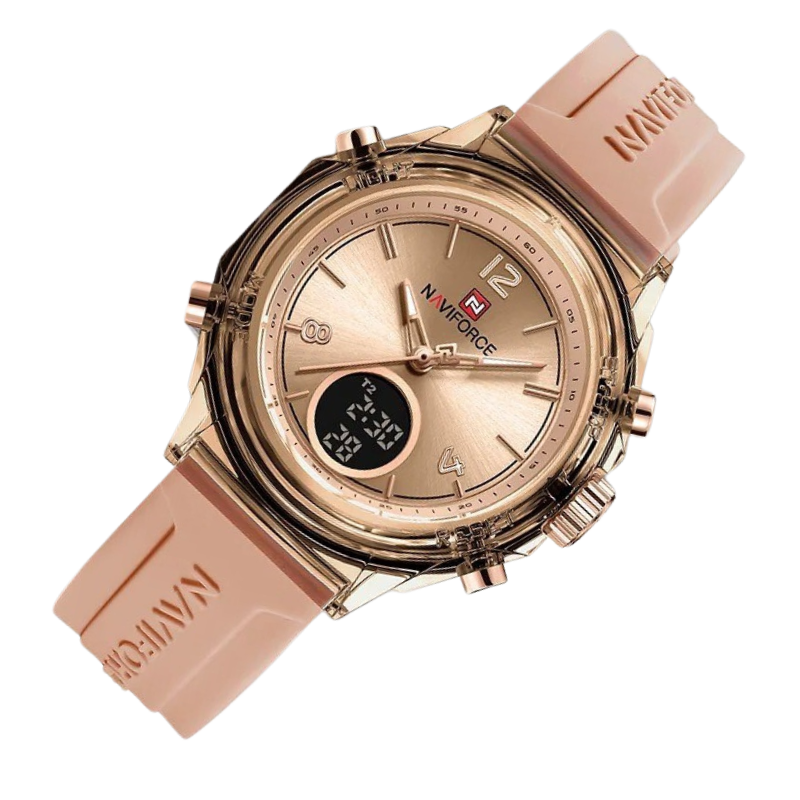 Montre Chronographe Femme Rose Doré Cadran Digital sur fond transparent