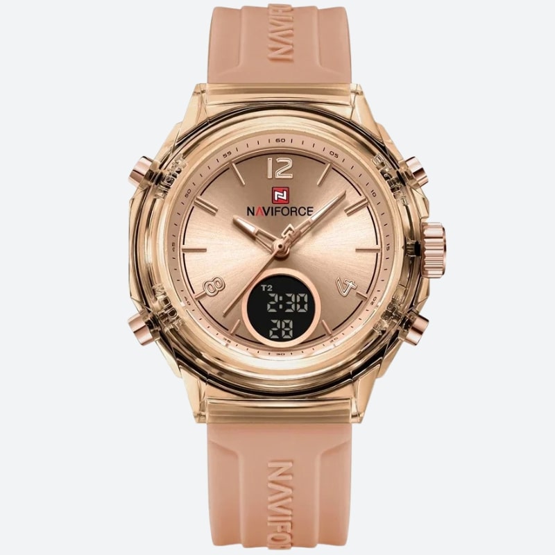 Montre Chronographe Femme Rose Doré Cadran Digital sur fond gris