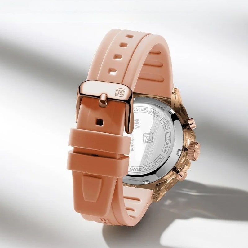 Montre Chronographe Femme Rose Doré Cadran Digital vue de derrière