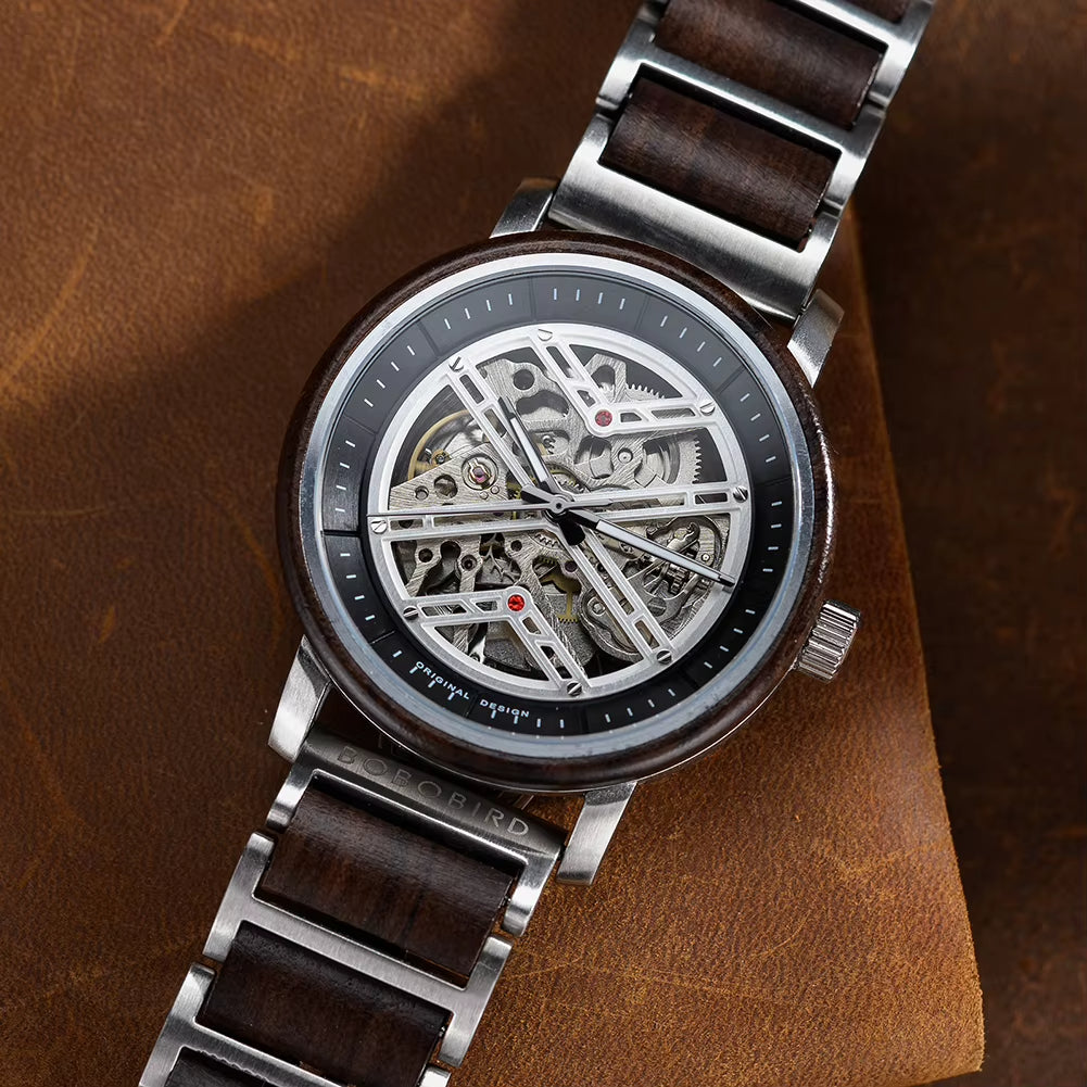 Montre Squelette Homme Acier et Bois, Mouvement Mécanique