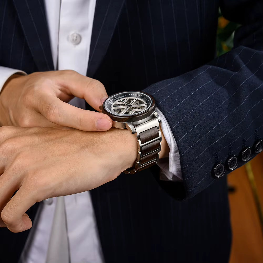 Montre Squelette Homme Acier et Bois, Mouvement Mécanique