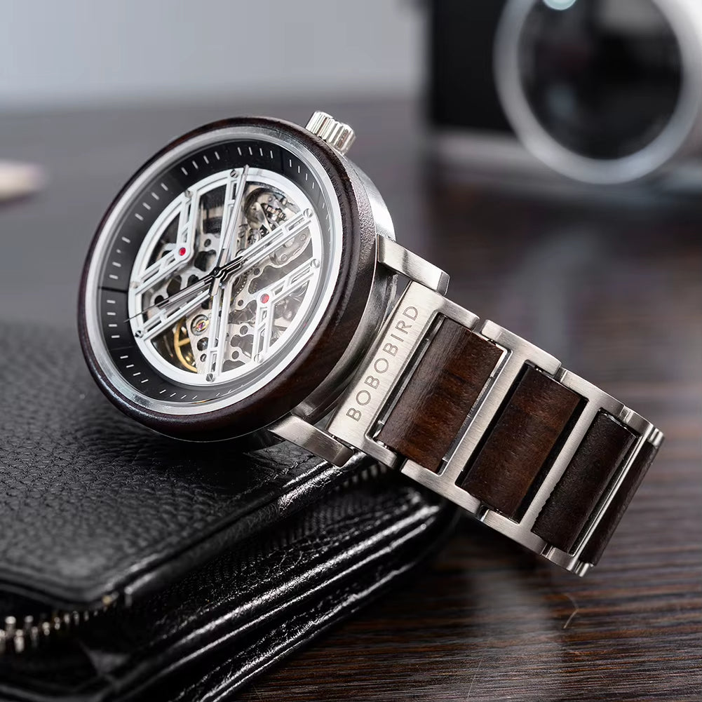 Montre Squelette Homme Acier et Bois, Mouvement Mécanique